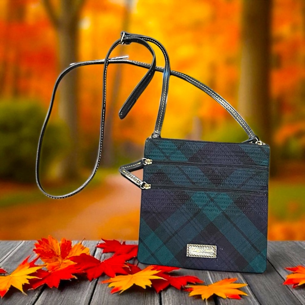 Dooney & Bourke green / blue / black plaid wool black leather crossbody bag